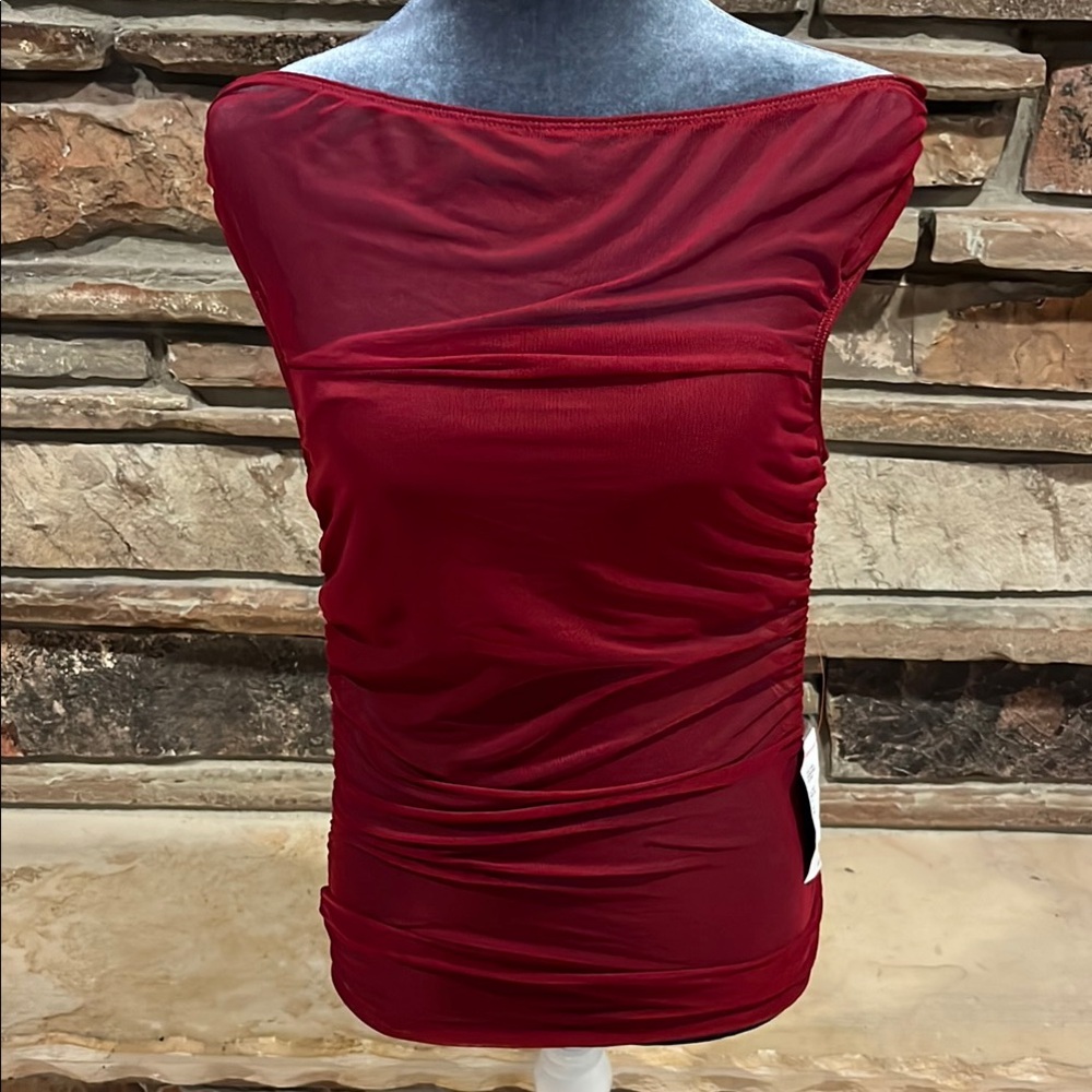 ASOS Design Slinky Ruched Sheer Burgundy Stretch Boatneck Top
